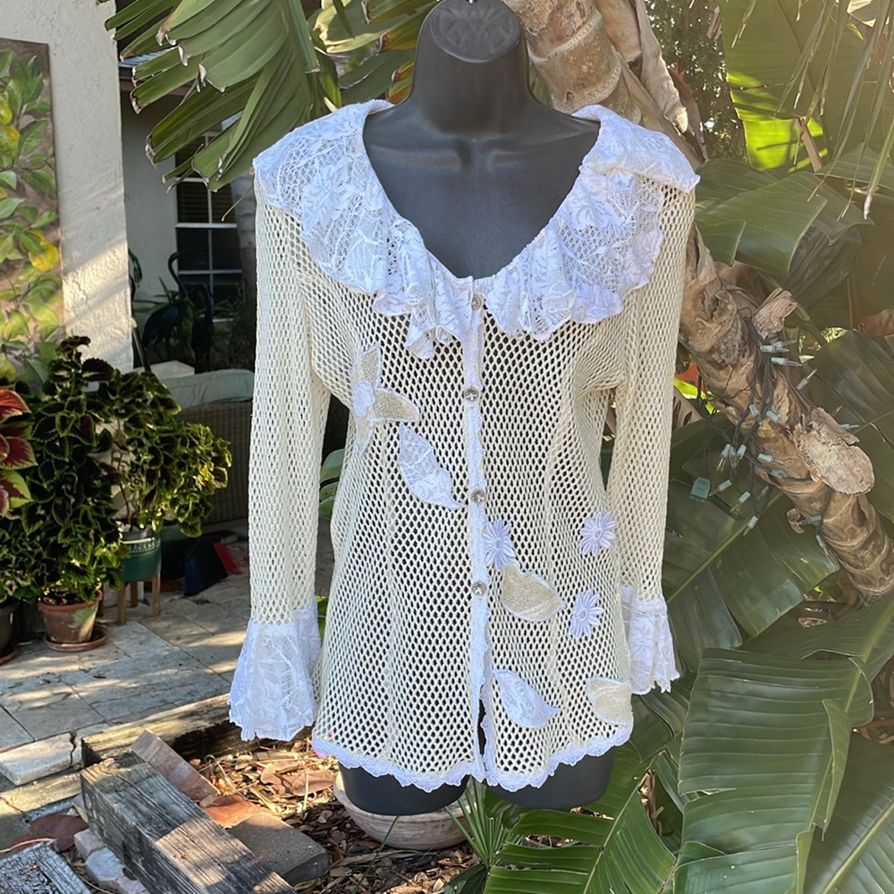 Zephyr , crochet net and lace and 3-D floral appliqué cardigan or top
